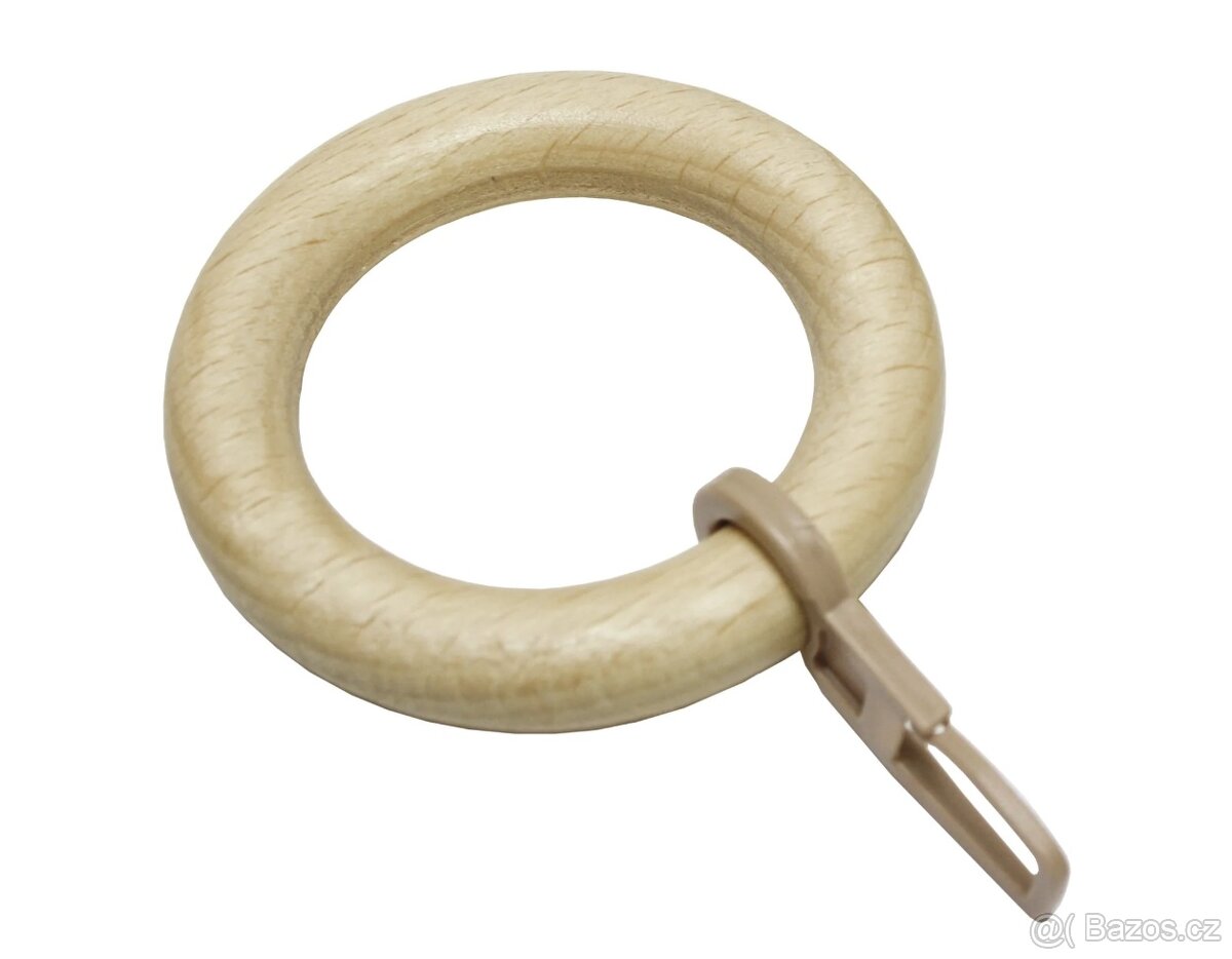 115 ks dřevěných kroužků na závěsy – přírodní lak + háčky - 3