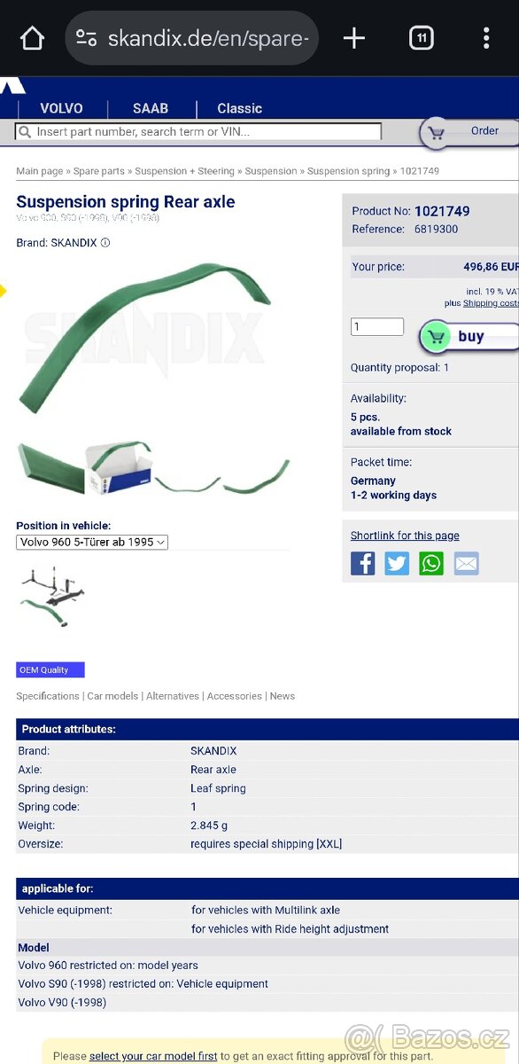 Volvo 960 S90 V90 listové péro - 3