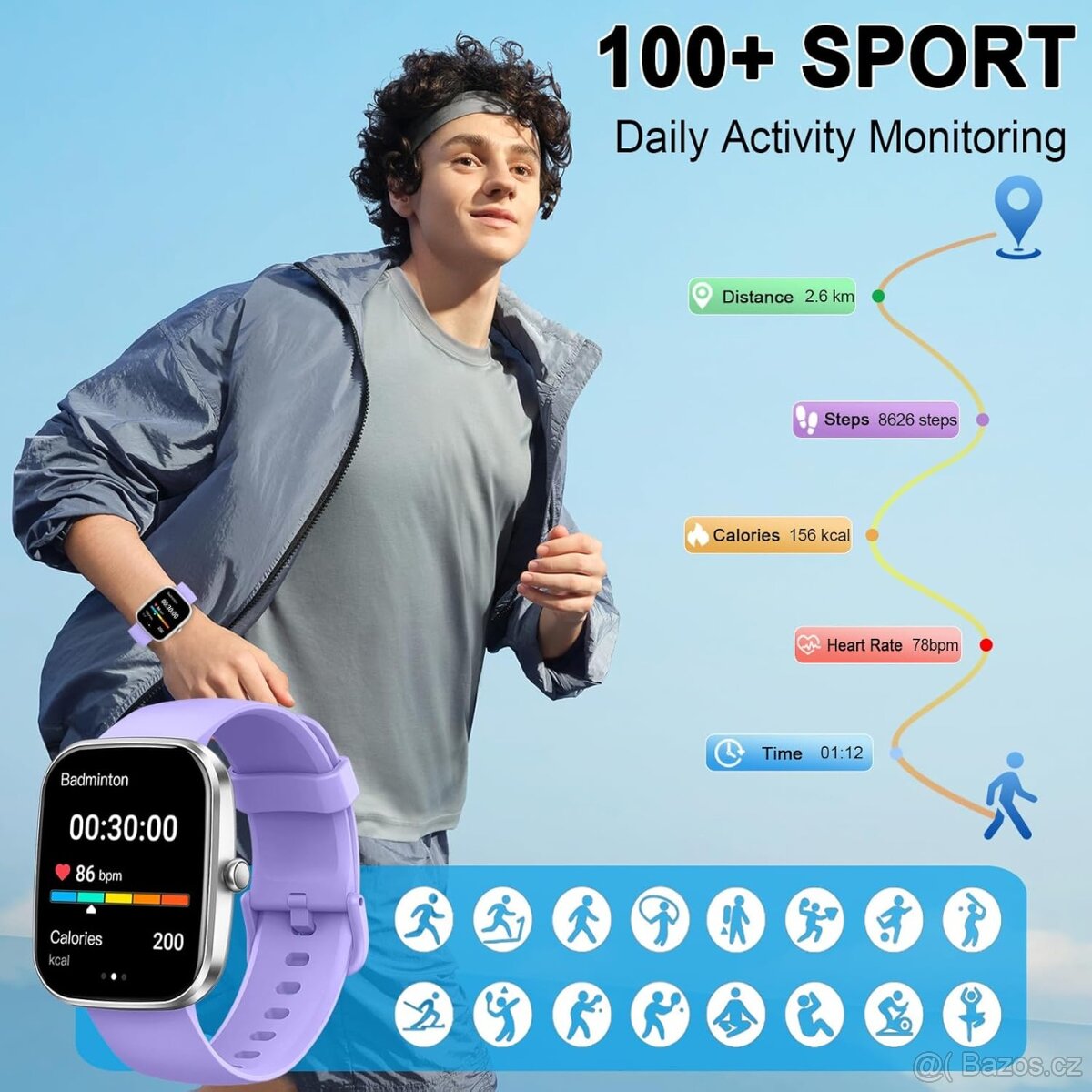 Chytré hodinky KUIZIL T70–1,91" IPS displej, CZ,fialové - 3