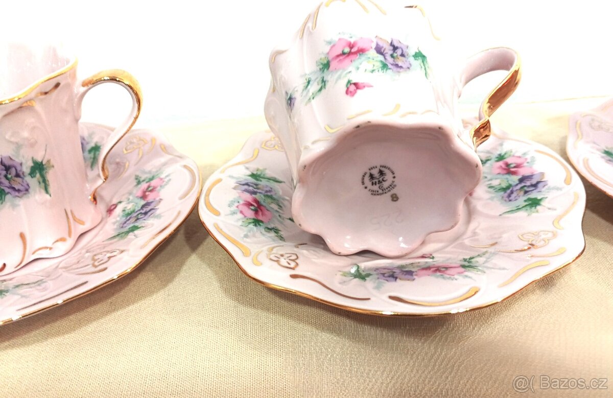 Růžový porcelán - retro, krásná čajová souprava - 3