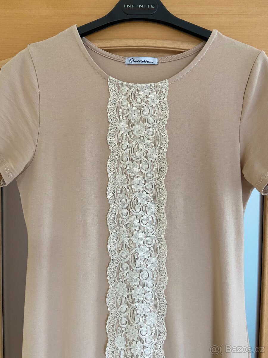 Krásné béžové italské šaty s krajkou - vel. M - 3