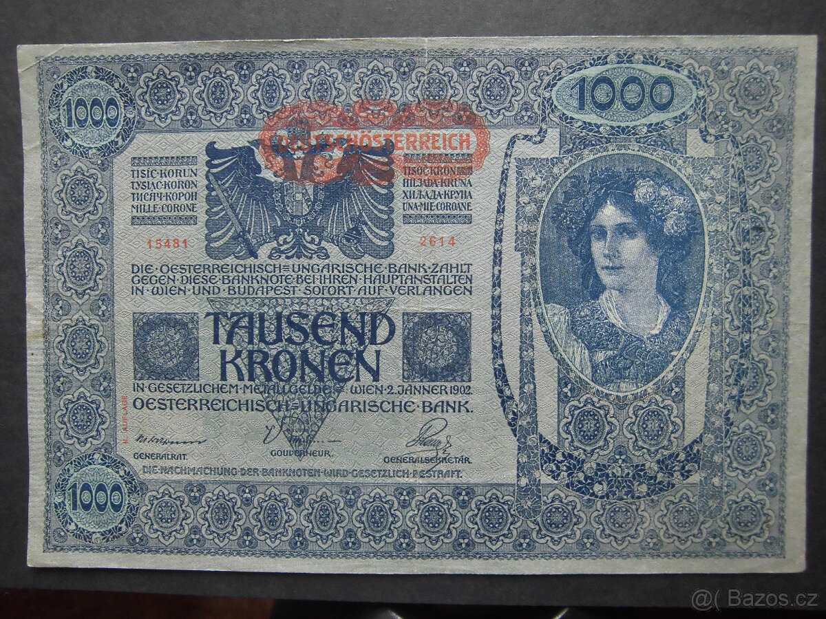 Bankovky Rakousko-Uhersko "1000K" "1K bez přetisku" - 3
