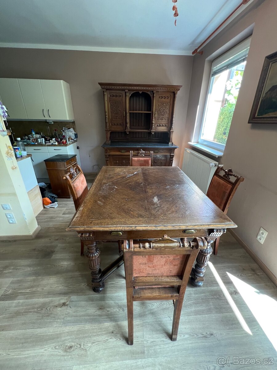 Starozitny secesni pribornik vc. stolu, zidli a komod - 3