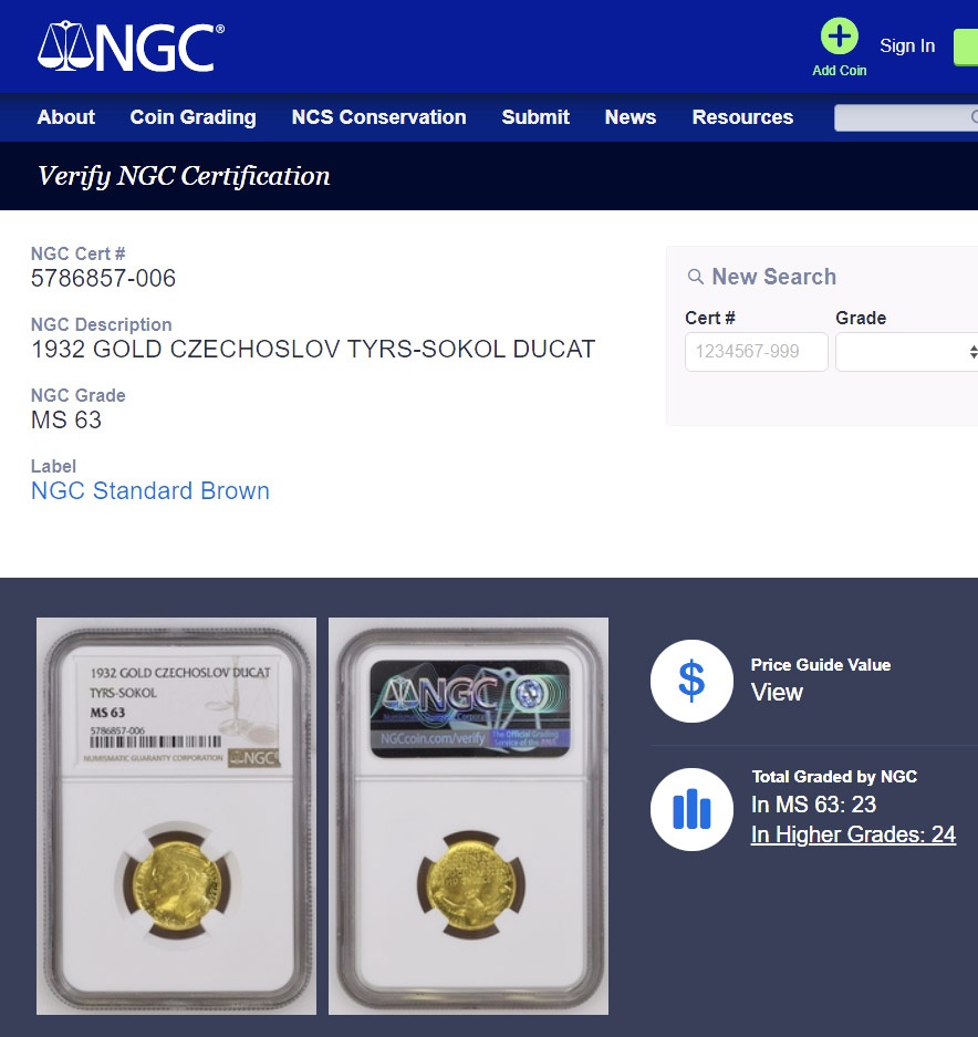 Dukát Tyrš 1932, NGC MS 63 - 3