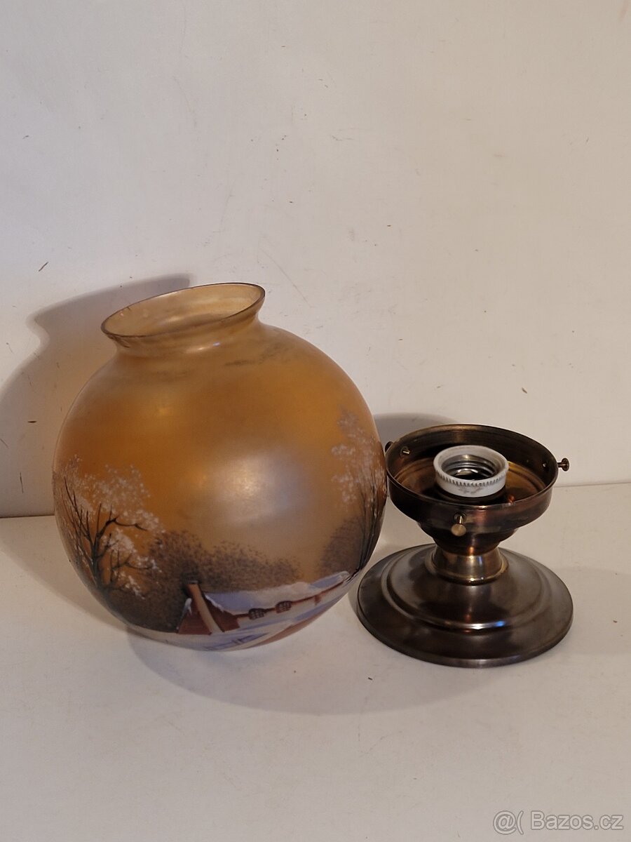 stará mosazná stropnice, lustr, malované stínidlo - 3