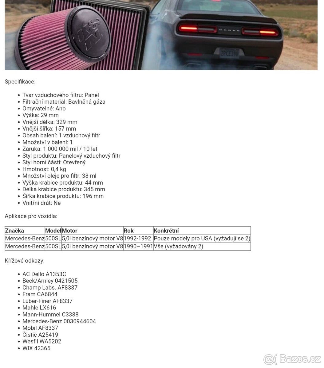 MERCEDES R129 500SL K&N FILTER 33-2683 - 3