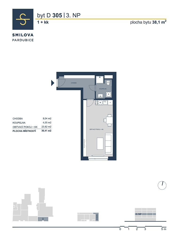 Pronájem nového bytu 1+kk v centru Pardubic - 3