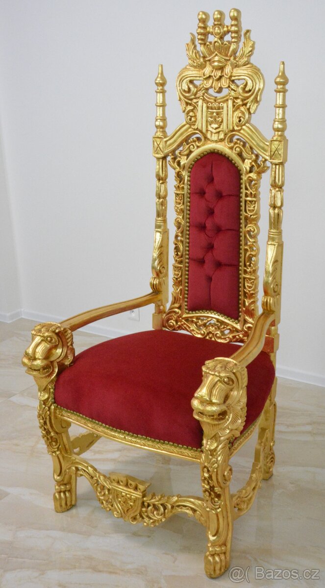 Zámecký řezbovaný trůn - čalouněný - masiv - 3