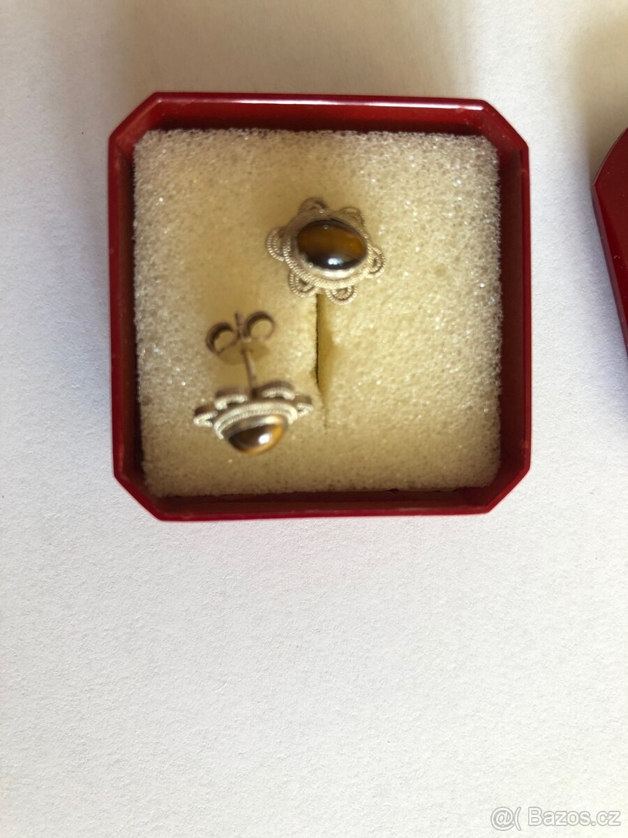 Náušnice s hnědým kamínkem (tygří oko), stříbrné - 3