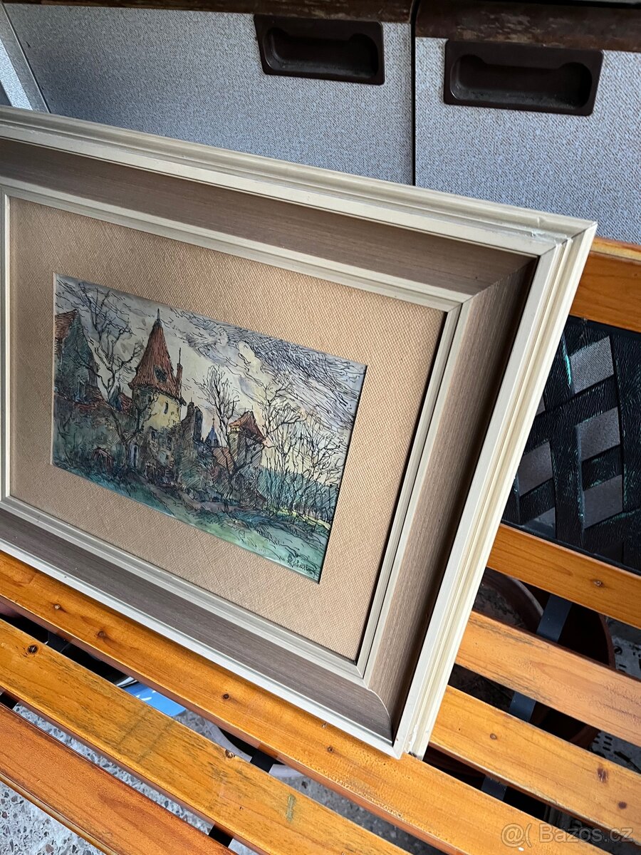 Originální Kresba/Akvarel Hradní Věž Schuster '94 - 3