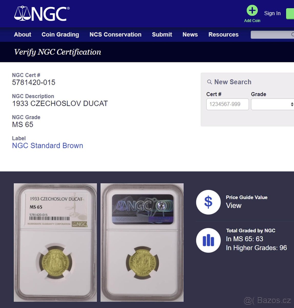 Svatováclavský dukát 1933, certifikace NGC MS 65 - 3