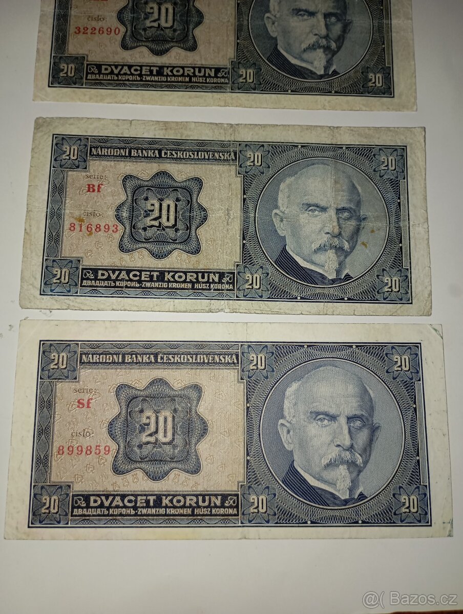 BANKOVKY 20 KČS 1926, NEPERFOROVANÉ, RŮZNÉ SÉRIE - 3