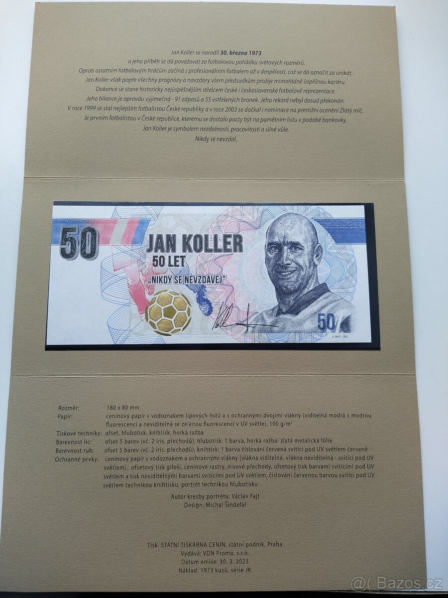 Pamětní list, bankovka Jan Koller - 3