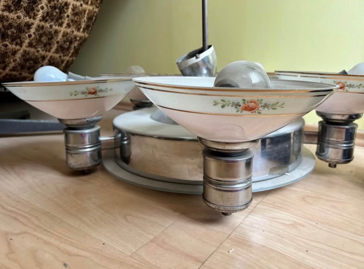 Starožitný skleněný lustr s motivy květin 5-ti ramenný - 3