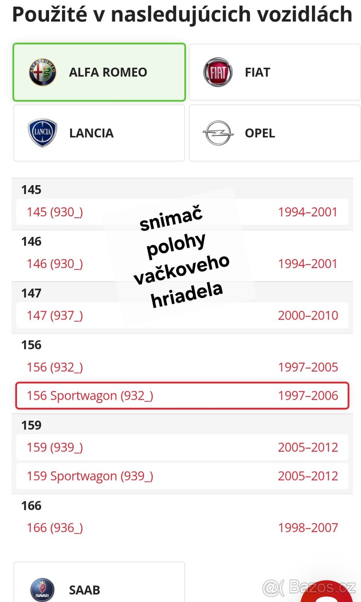 Snimac polohy vacky Afa, Fiat, Opel, Lancia, Saab - 3