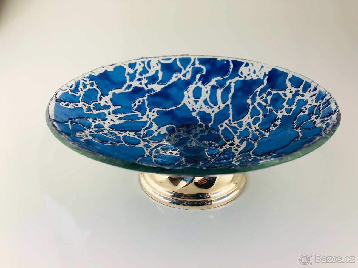 Modrá skleněná umělecká mísa na kovovém podstavci (NP012) - 3