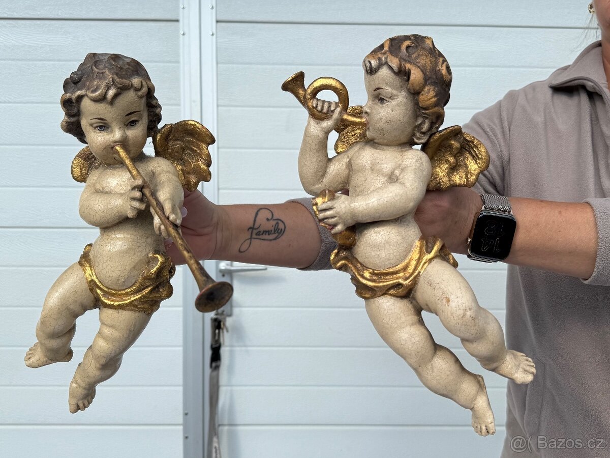 Dřevěná XXL socha anděla v páru polychromie 31cm - 3