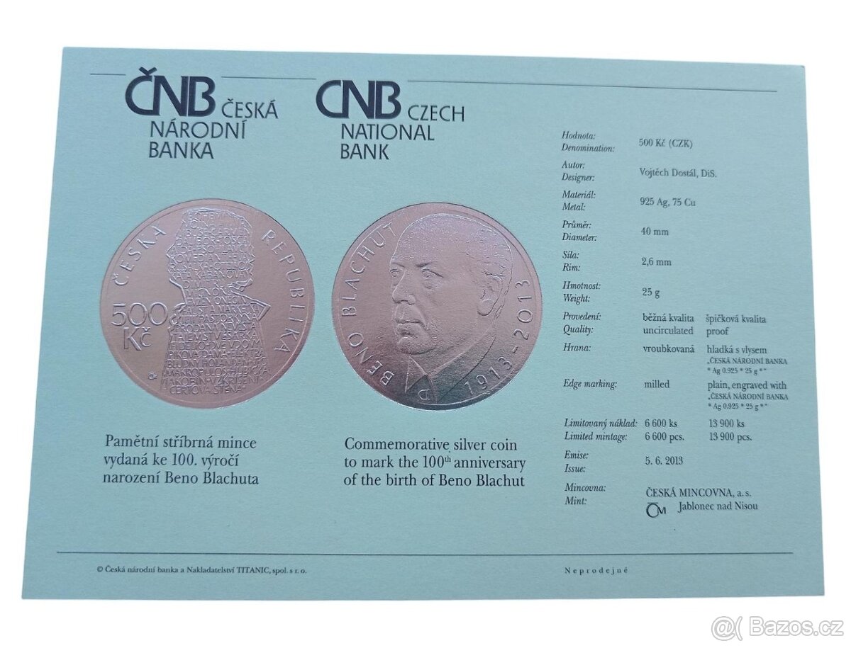 PAMĚTNÍ STŘÍBRNÁ MINCE 500 KČ 2013-100 VÝROČÍ NAROZENÍ Beno - 3