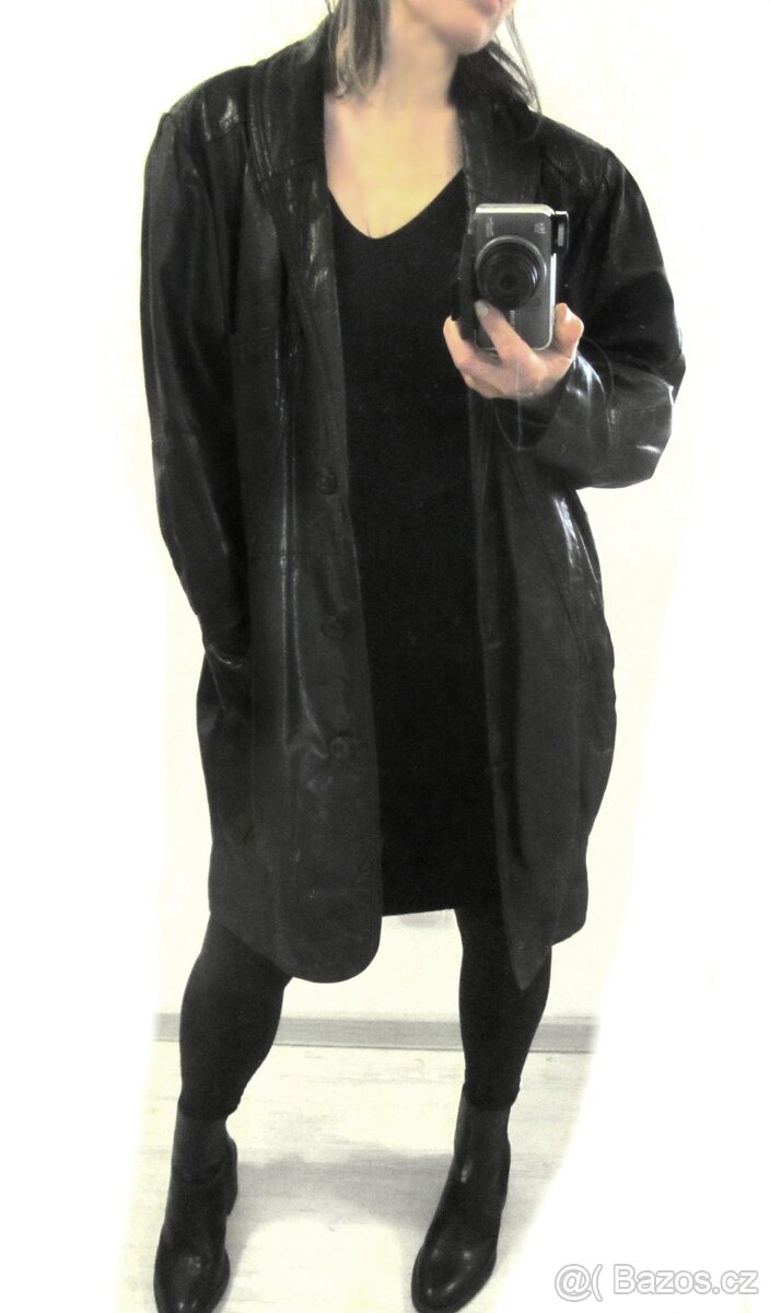 Vintage dlouhá černá kožená dámská bunda / kabát - 3