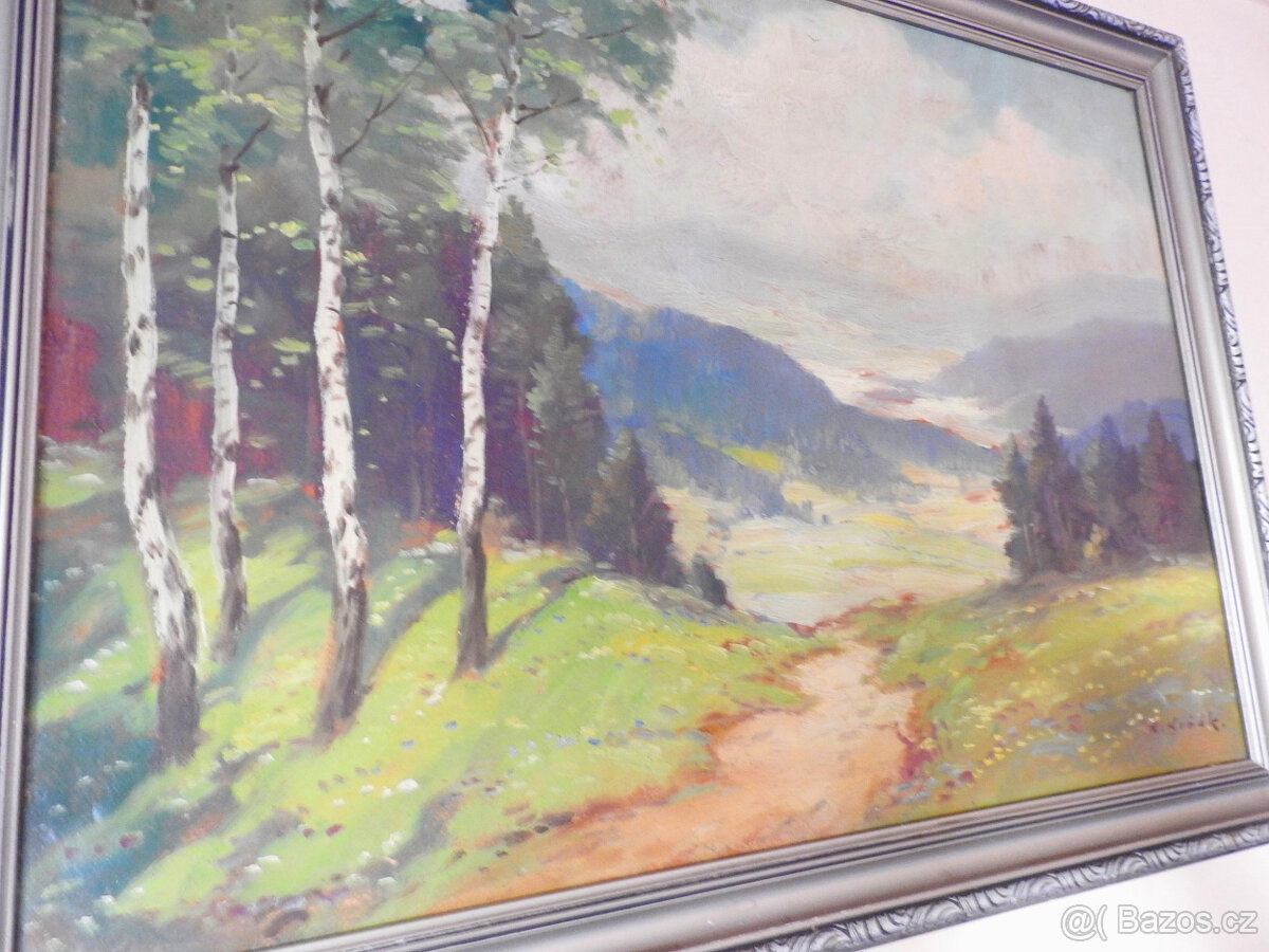 Starožitný Obraz olej pohled do udolí - 3