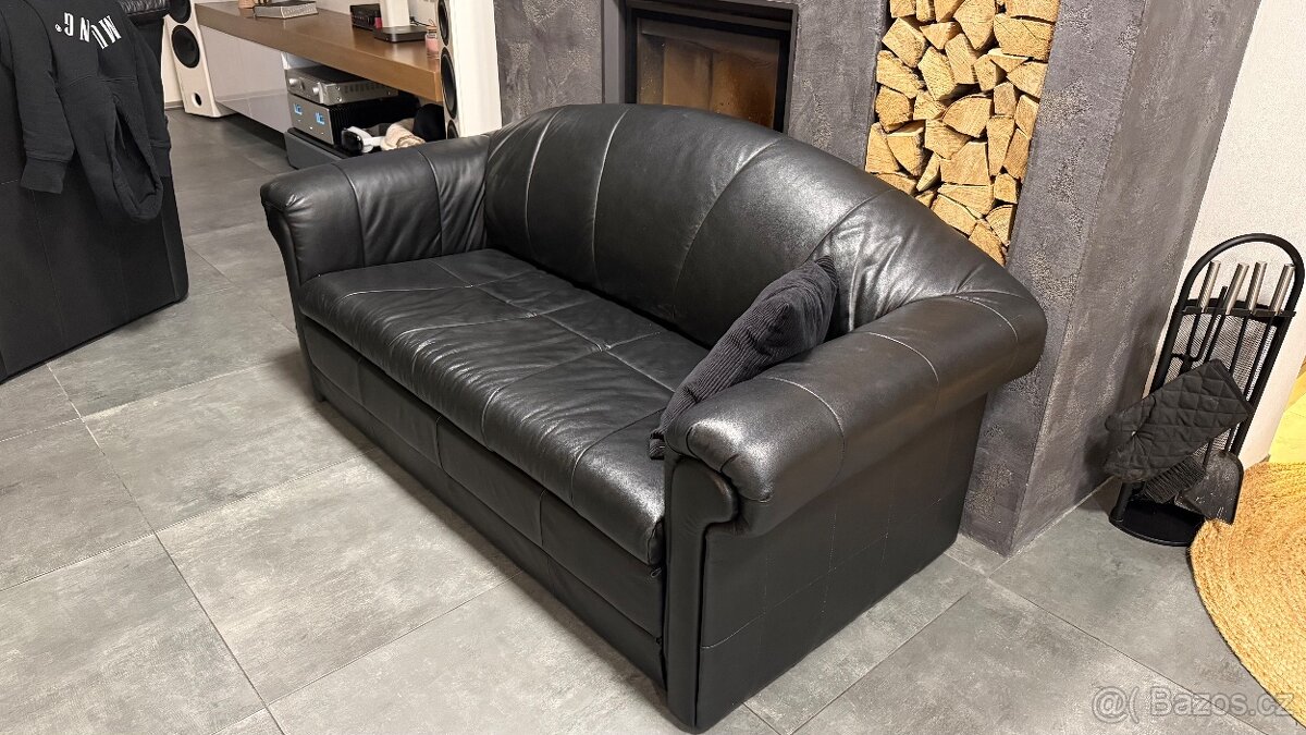 Kožená rozkládací dvoj sedačka - černá - 3