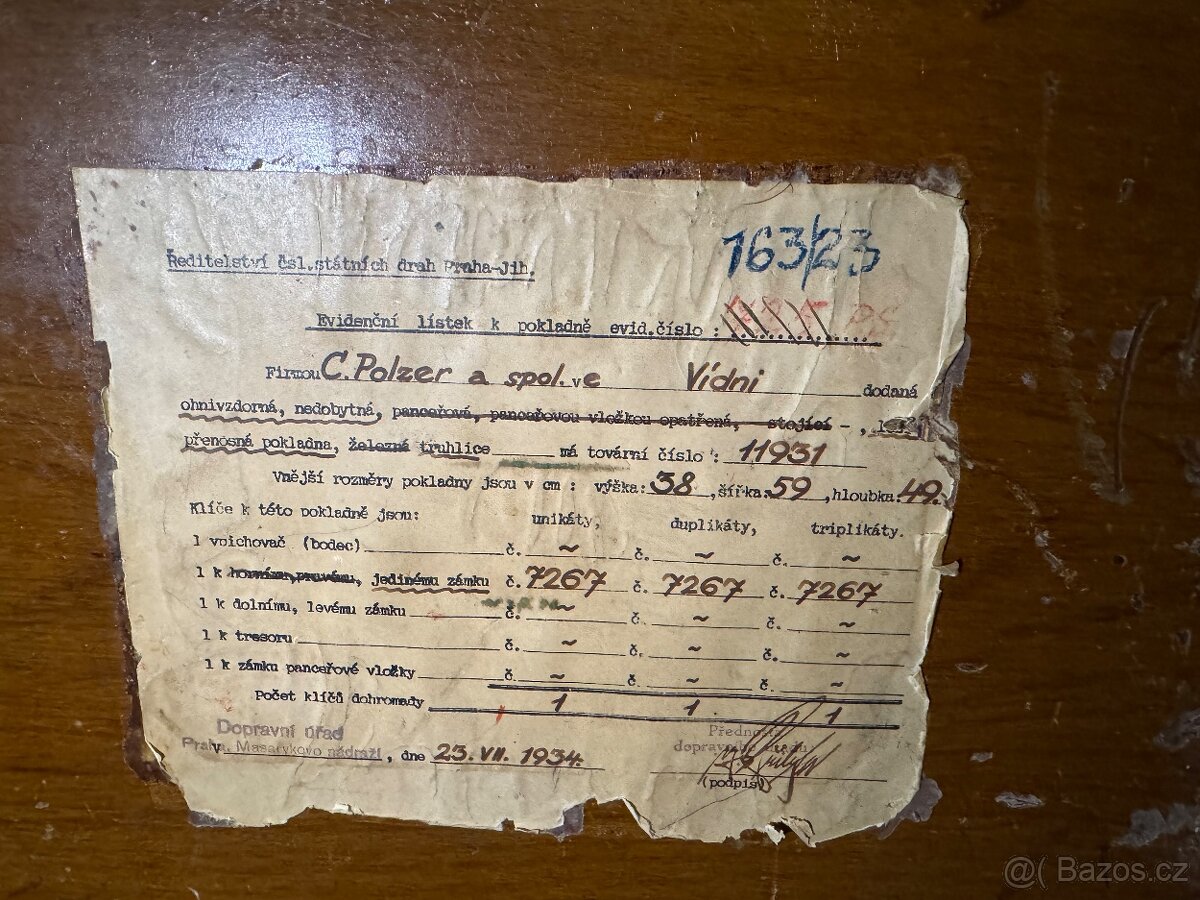 Starožitný trezor malý C.Polzer 1934 - 3