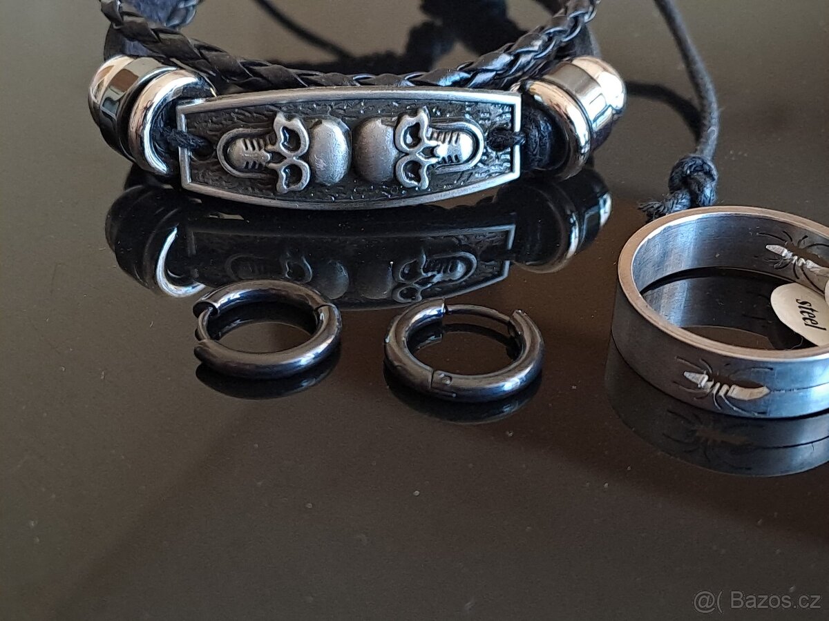 Pánský set Skull – spinner prsten vel. 22 náramek a náušnice - 3