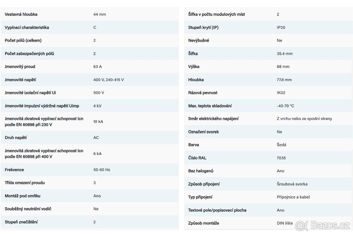 Jistič Legrand TX3, 2 PÓLOVÝ, CHAR. C, 63A 6000A - 40ks - 3