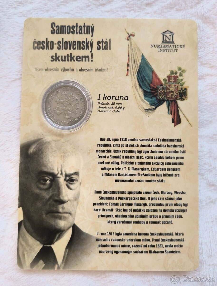 KARTIČKA S MINCÍ 1 KORUNA ČESKOSLOVENSKÁ 1937 - 3
