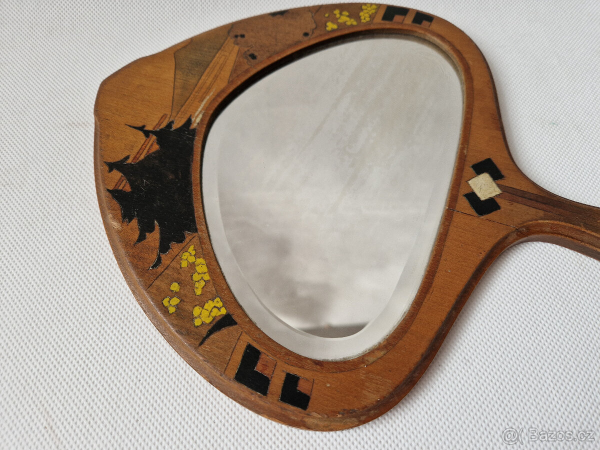 Starožitné secesní dřevěné ruční zrcátko zrcadlo fazetované - 3