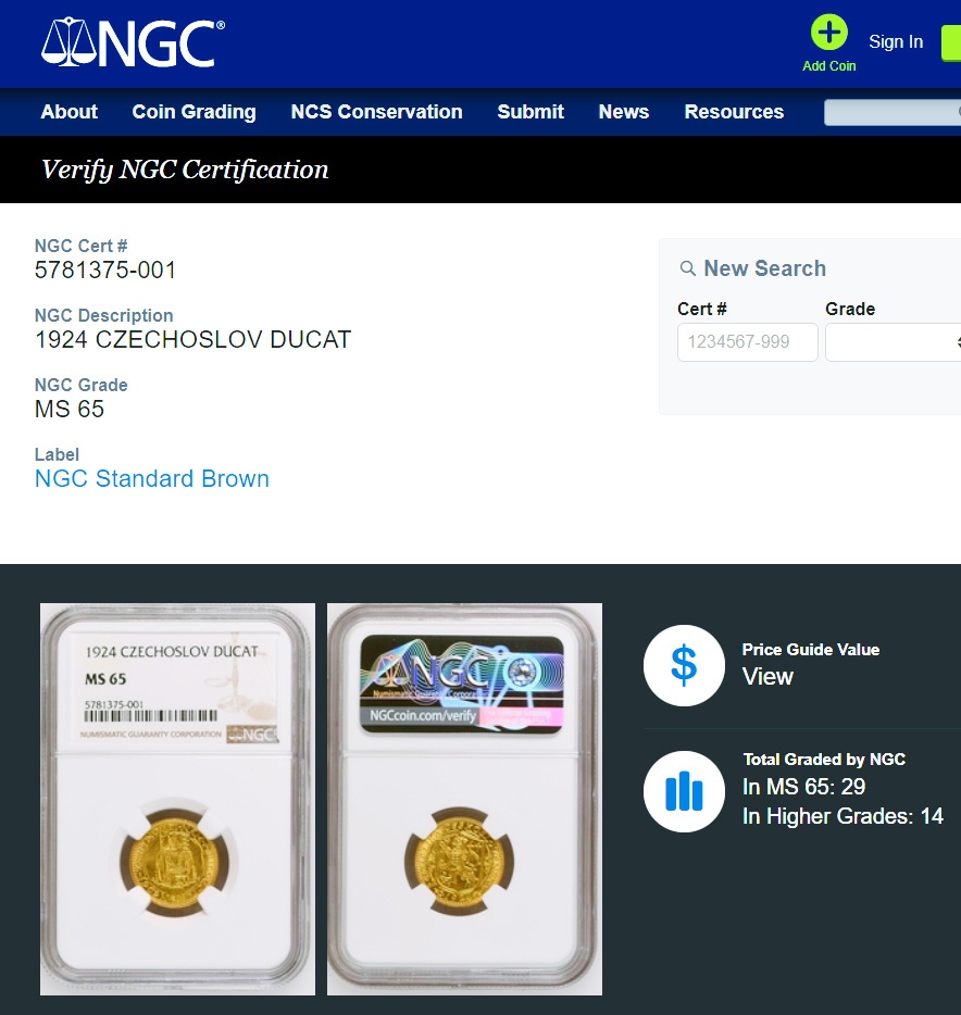 Svatováclavský dukát 1924, certifikace NGC MS 65 - 3