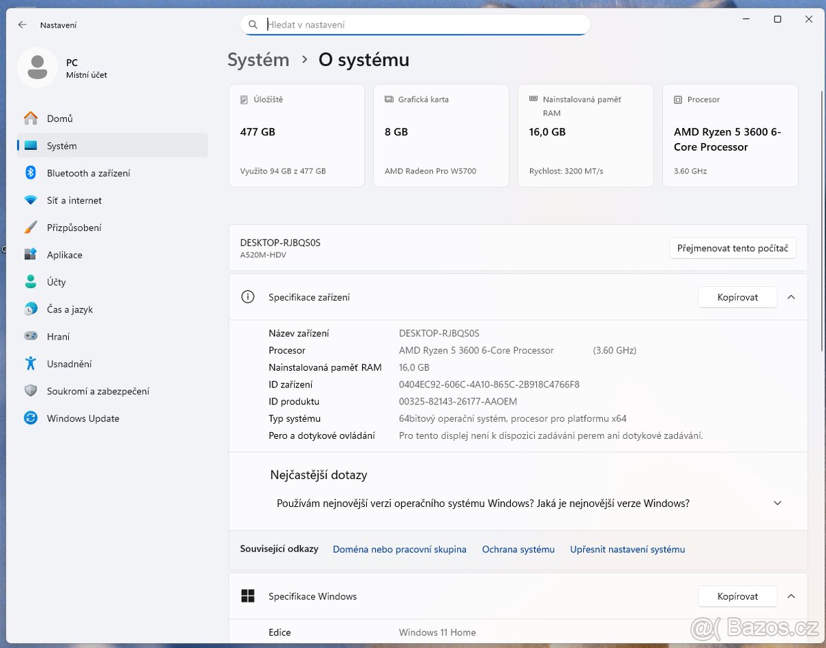 Herní PC - Ryzen 5 3600|Radeon W5700|512GB SSD|16GB|Win11 - 3