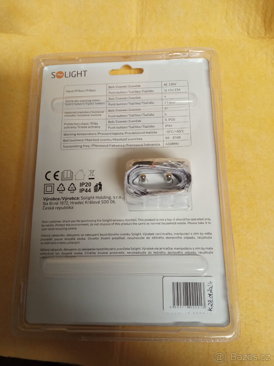 Prodám bezdrátový zvonek SOLIGHT model FG1315, - 3