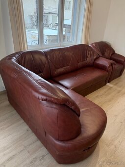 Kožená sedací souprava – rozkládací sofa + křeslo, TOP stav - 3