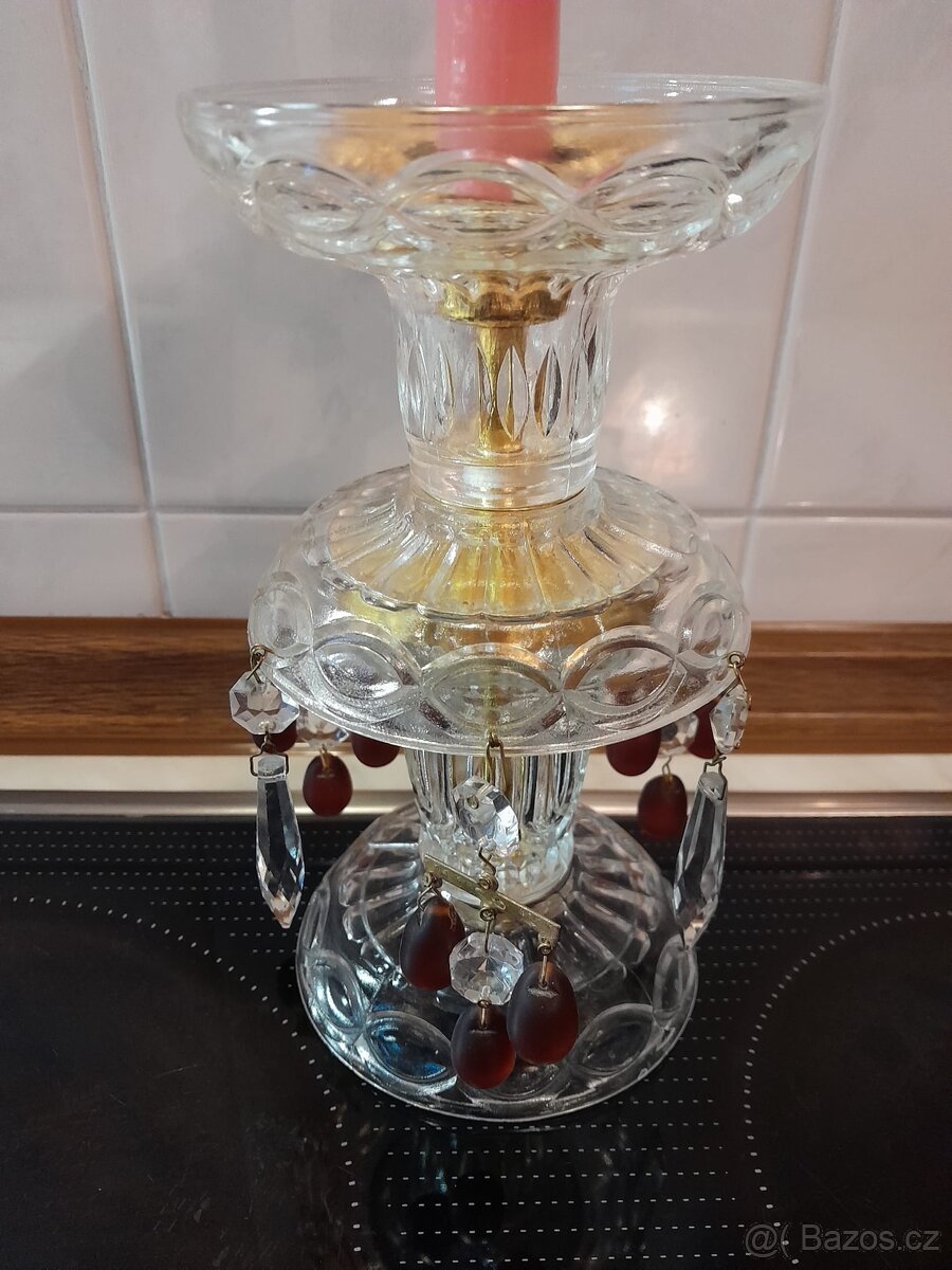 Skleněný svícen s křišťálovými ověsy - 3