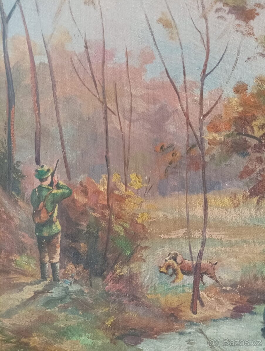 OBRAZ OLEJ NA KARTONU LOVECKÝ MOTIV SIGNATURA NEČITELNÁ - 3