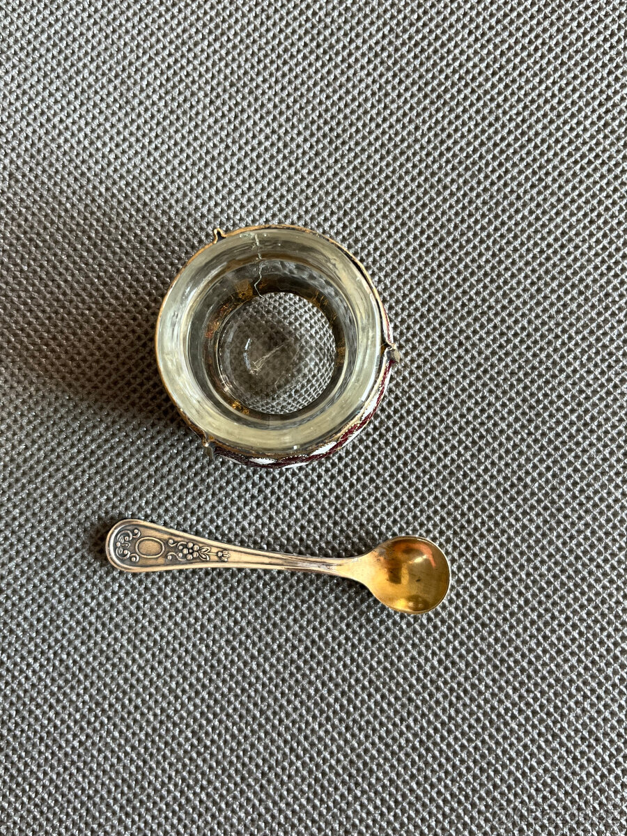 Smaltovaná melchiorová solnička a lžička, SSSR - 3