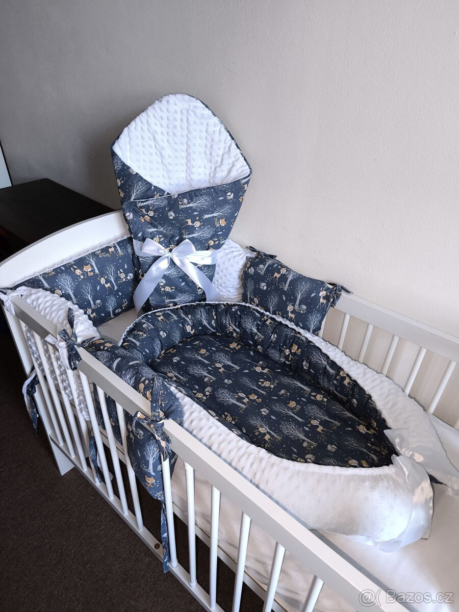 Nová souprava do postýlky lesní zbířátka na modré+minky - 3