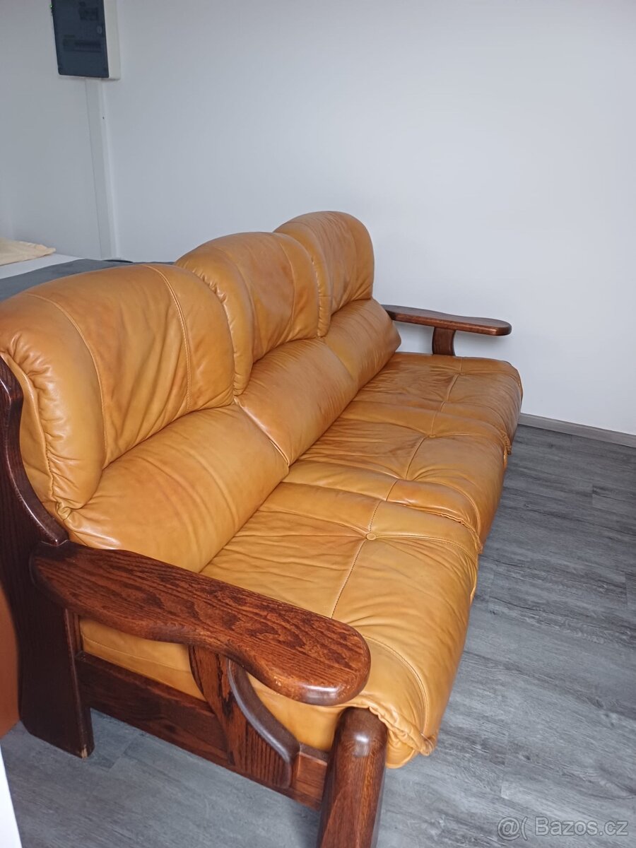 Holandská sedací souprava z pravého masivního dřeva + kůže - 3