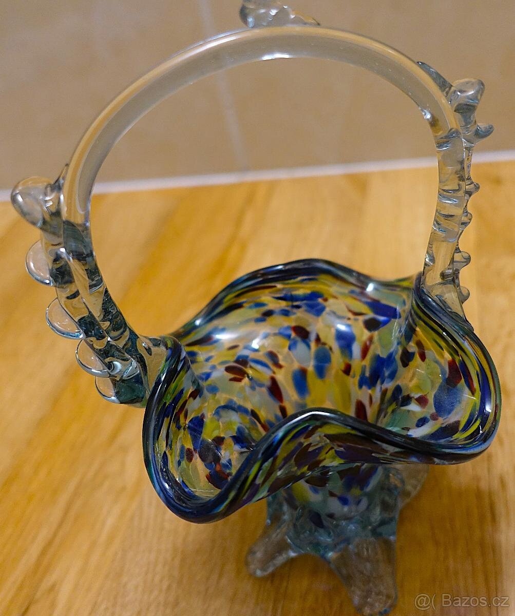 Hutní skleněný košík s uchem – barevné skvrnité sklo - 3