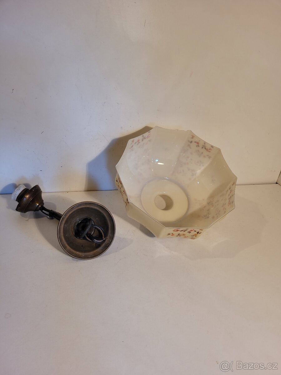 starý mosazný lustr, malované stínítko, dobové stínidlo - 3