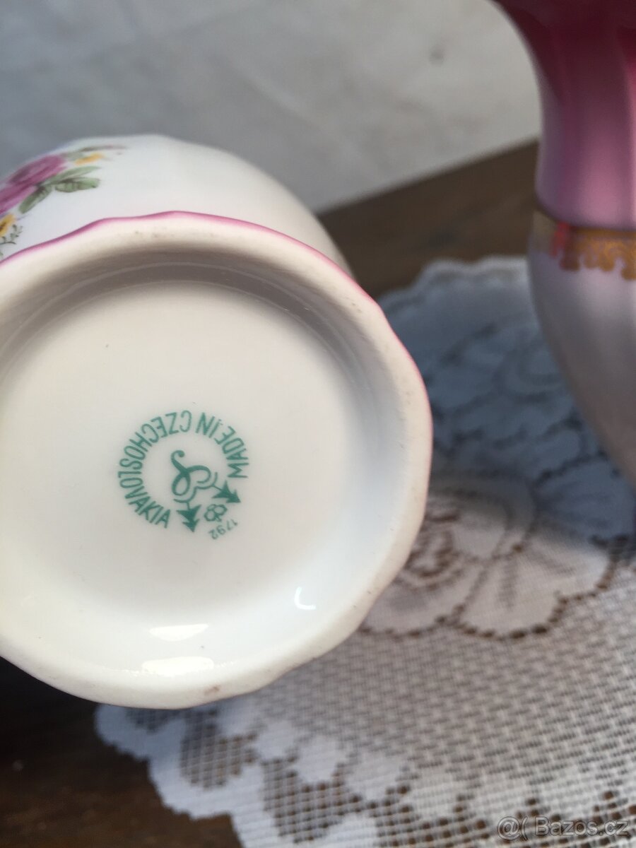 šálek pár růžový porcelán Slavkov neobvyklý tvar Top stav - 3