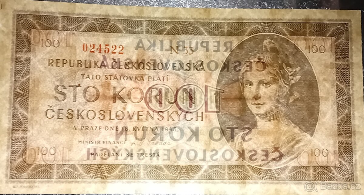 100 Kčs 1945 série D 11 - H 31 - N 33 - Velmi Vzácné - 3