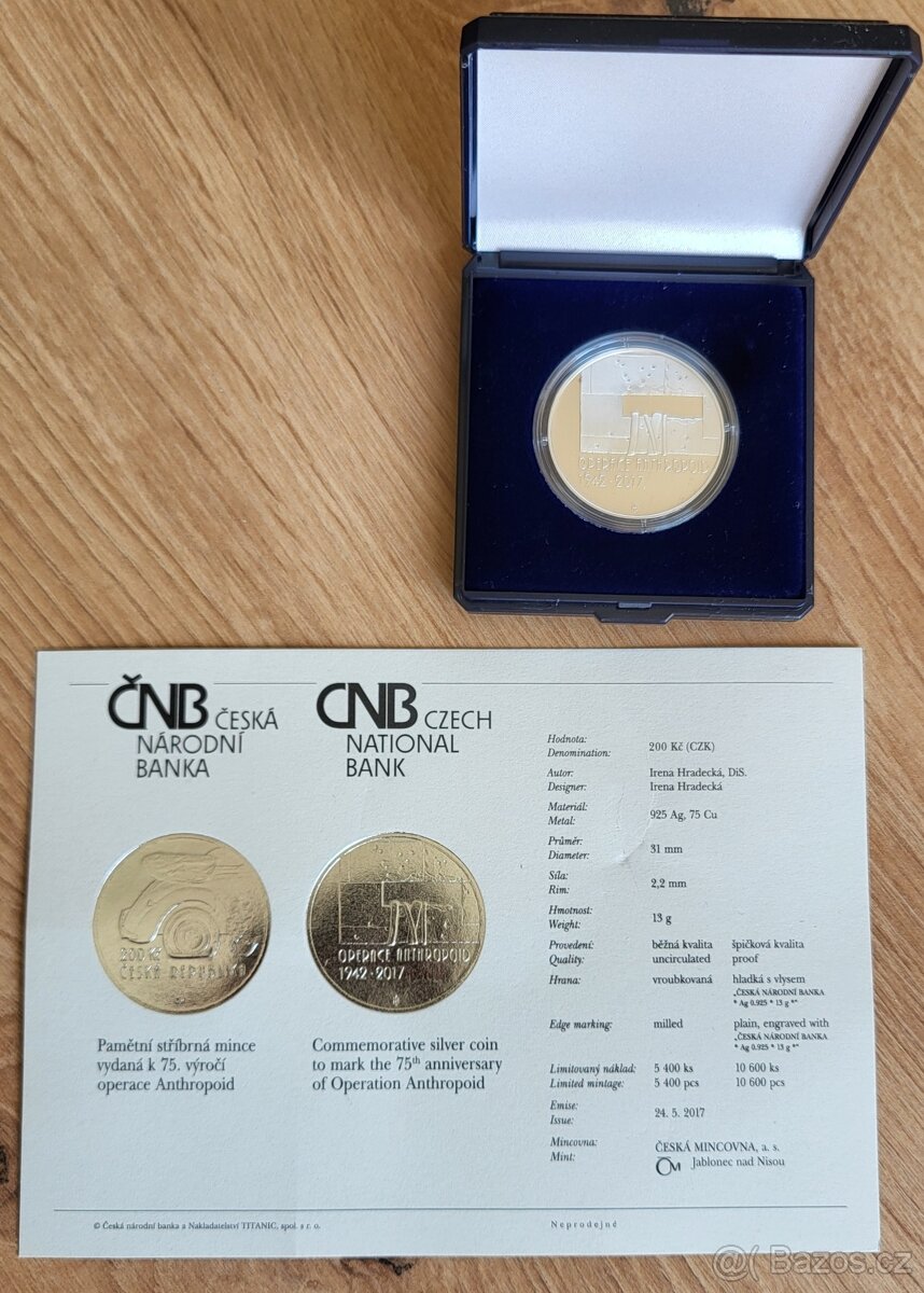 Stříbrná mince ČNB Operace Anthropoid Proof r.2017 - 3