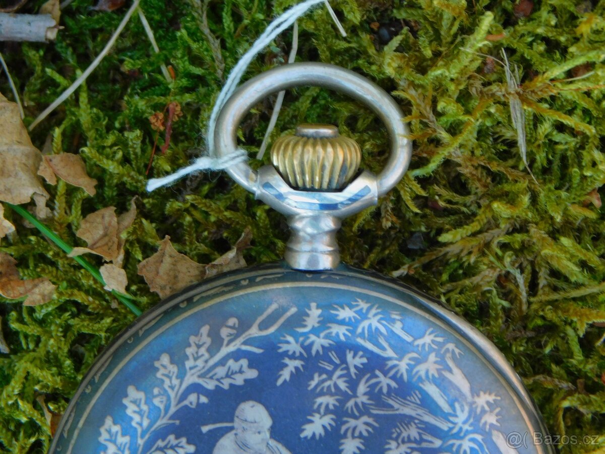 Starožitné stříbrné tulové kapesní hodinky myslivecký motiv - 3