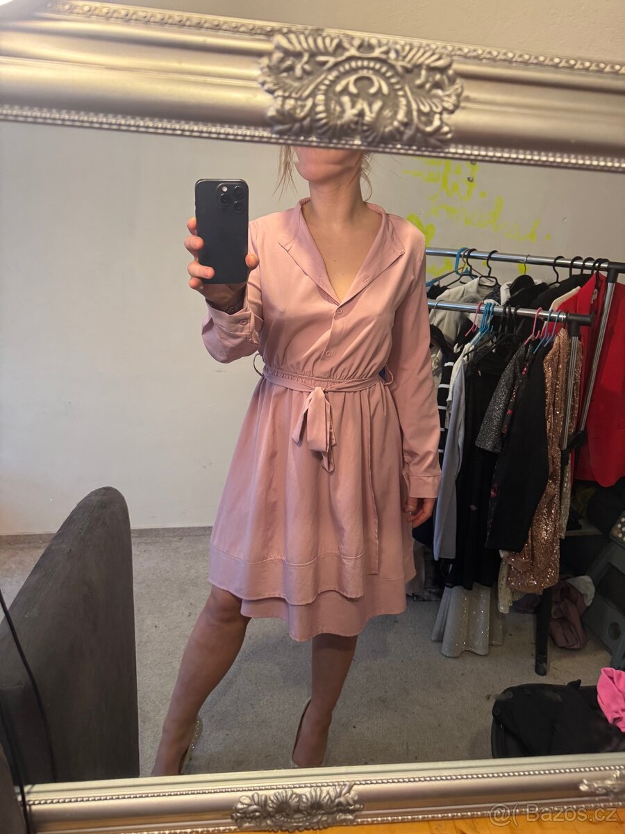 Pudrové růžové košilové šaty S - 3