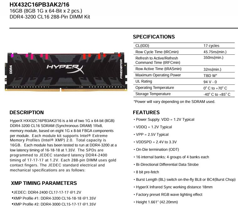Kingston HyperX Predator RGB DDR4,32GB,3200MHz, latency CL16 - 3