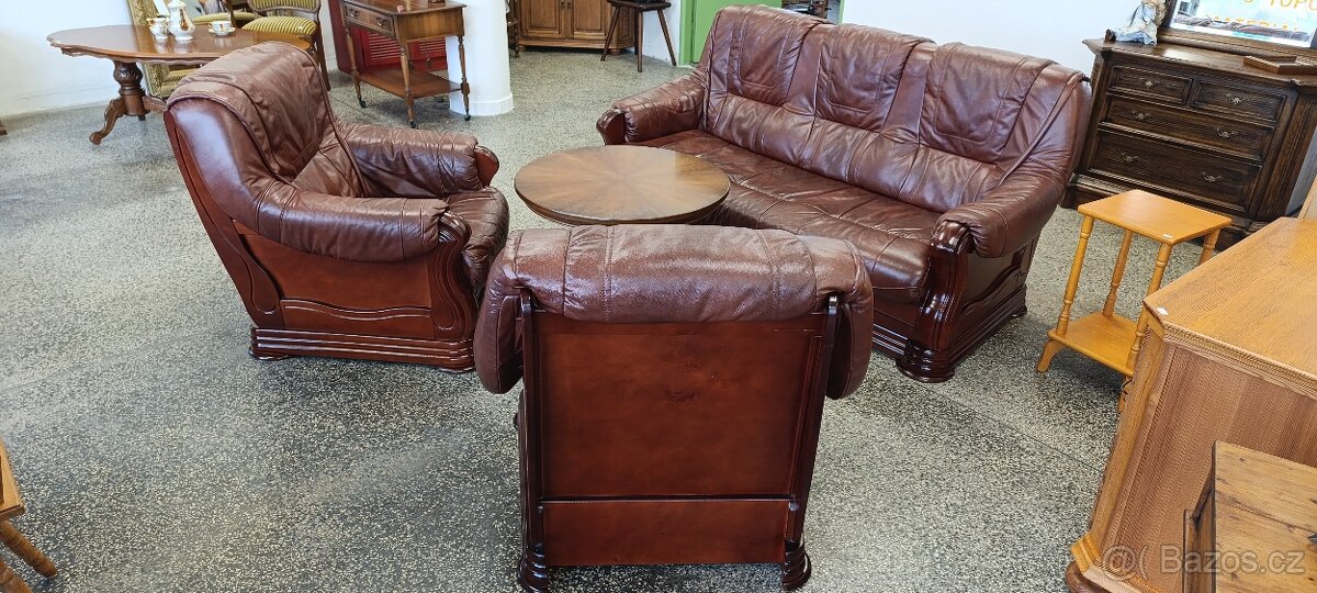 Rozkládací kožená sedací souprava, nábytek z masívu - 3