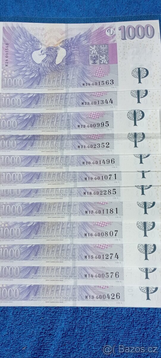 1000Kč s přítiskem , kompletní série M, UNC - 3