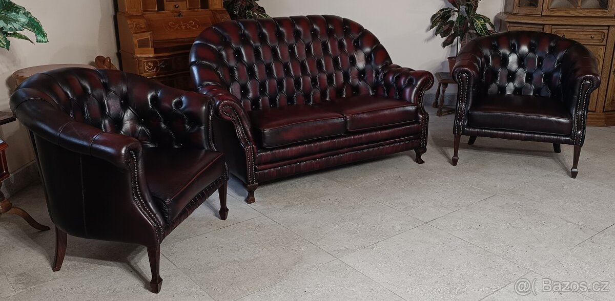 Chesterfield, kožená sedací souprava 2+1+1. - 3